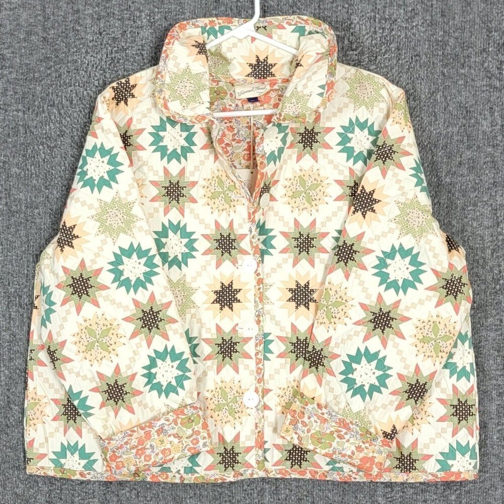 Universal Threads Quilted Button-Front Jacket Cream Star Quilt Print Siz…